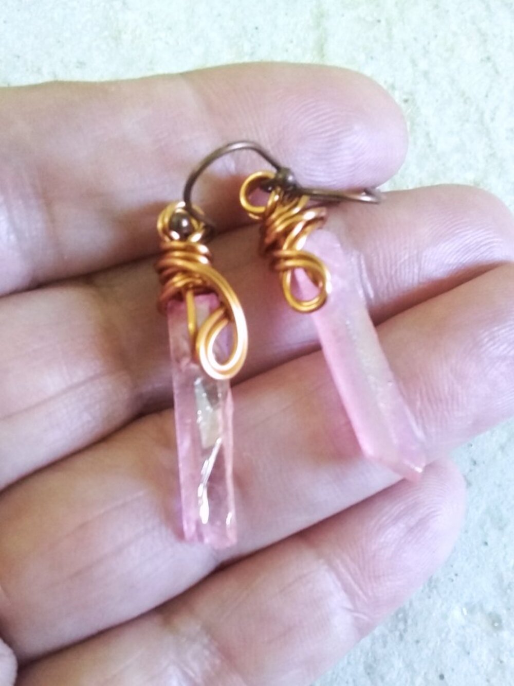 Rustic Rough Wire Wrapped Pink Angel Quartz Spike Earrings - Sensual Contrasts - Picture 4 of 5